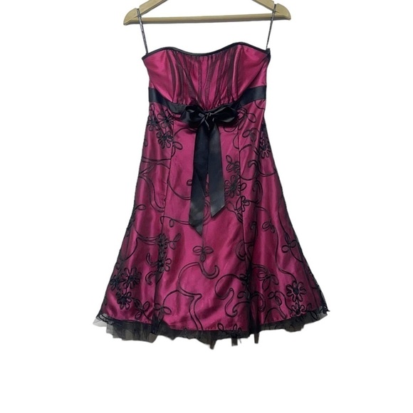 Jessica McClintock For Gunne Sax Y2K Hot Pink Black Strapless Mini Dress Size 7 - Picture 1 of 5